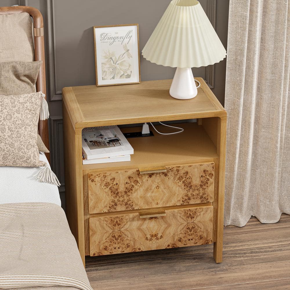 Natural Brown Wood 2-Drawer Nightstand with Charging Ports