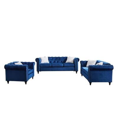 38/60/82.5 Inches Velvet Upholstered Flared Arms 3-Pieces Living Room Suites in Blue Velvet with Nailhead Trim