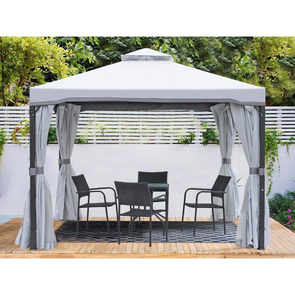 Wildaven 10 ft. x 10 ft. Light Grey Steel Gazebo with Mosquito Netting ...