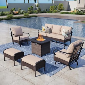 Black Rattan 6-Piece Steel Outdoor Patio Conversation Set with Beige Cushions & Square Wicker Fire Pit Table