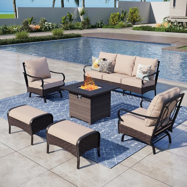 PHI VILLA Black Rattan 6-Piece Steel Outdoor Patio Conversation Set with Beige Cushions & Square Wicker Fire Pit Table