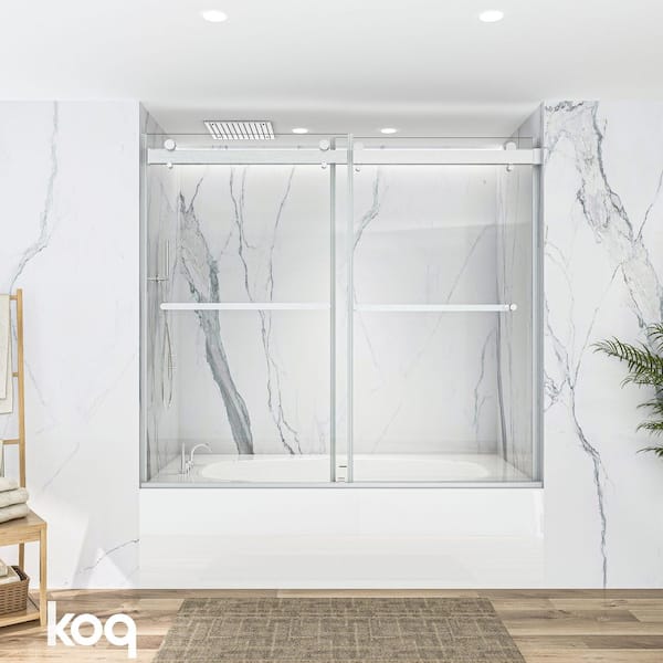 60 in. W x 60 in. H Soft Closing Double Sliding Frameless Tub Door in Brushed Nickel with 3/8 in. Clear Tempered Glass