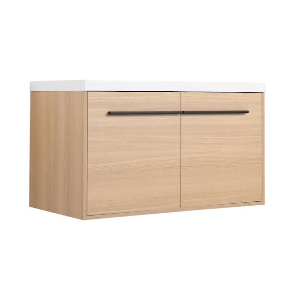 35.4 in. W Floating Bath Vanity in Oak with White Resin Top, 2 Doors Bathroom Cabinet Set