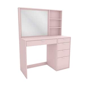 Capris 5-Drawer Makeup Vanity Table, with Mirror and Storage Shelves, in Rose Pink - 53.93in. H x 42.51in.W x 17.7in.D