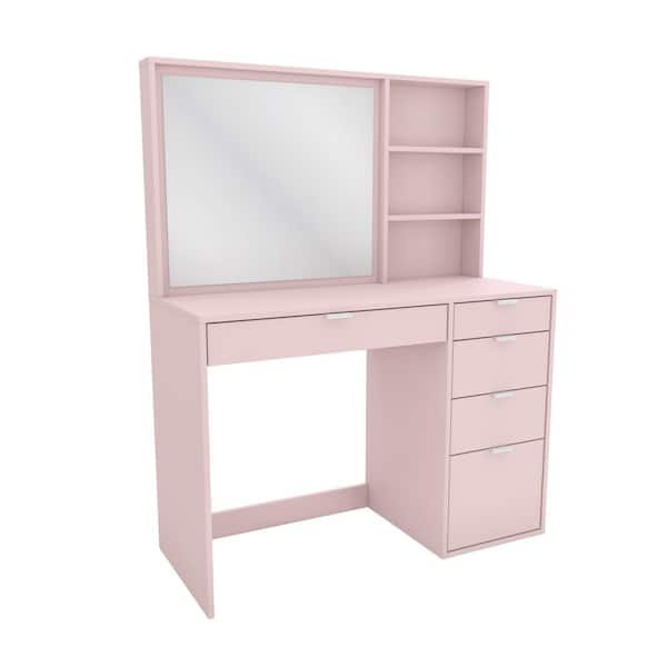 Unbranded Capris 5-Drawer Makeup Vanity Table, with Mirror and Storage Shelves, in Rose Pink - 53.93in. H x 42.51in.W x 17.7in.D