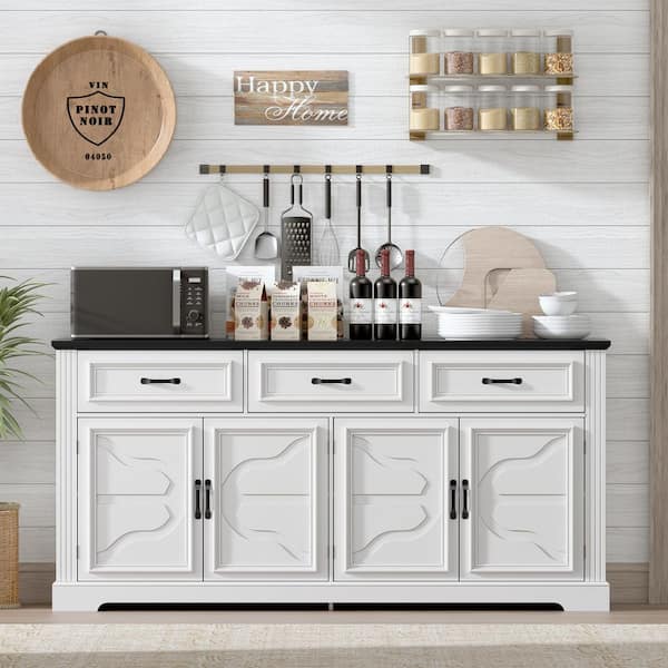 White 66 in. Buffet Sideboard Cabinet, Farmhouse Wood Coffee Bar w/ 4 Doors and 3 Drawers, Large Kitchen Storage Cabinet