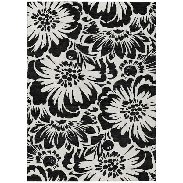 Black and Ivory 9 ft. x 12 ft. Woven Floral Rectangle Indoor/Outdoor Area Rug