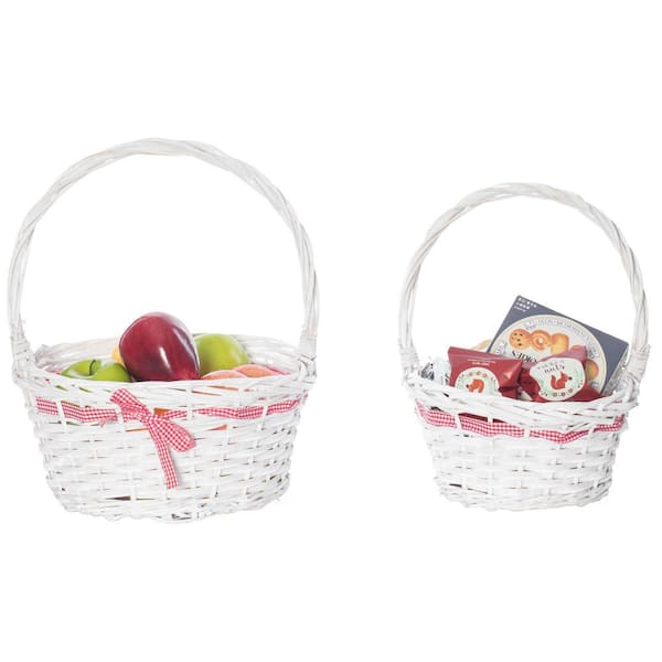 Vintiquewise White Willow Bowl Baskets Red Gingham Bow with Handle, Set of 2