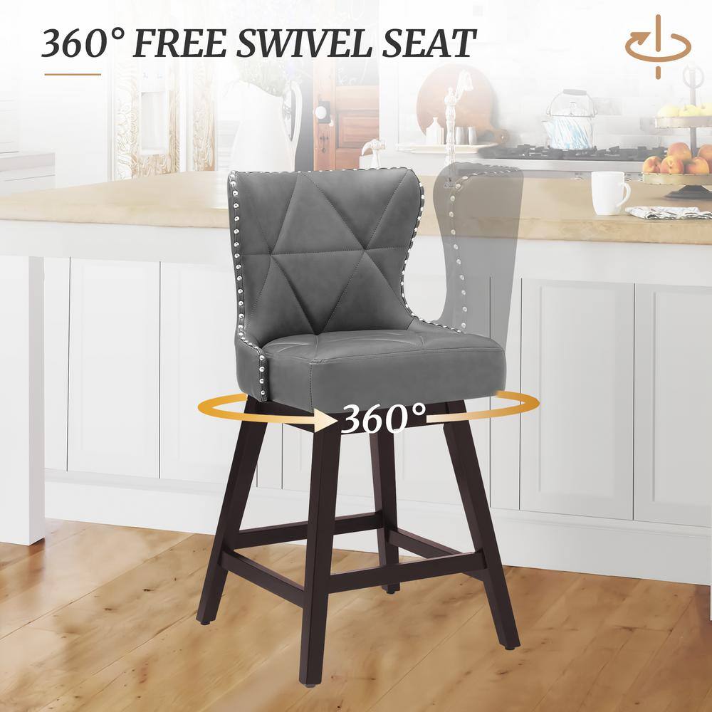 Dark Gray Faux Leather Swivel Counter Stools with Wood Legs, Set of 3