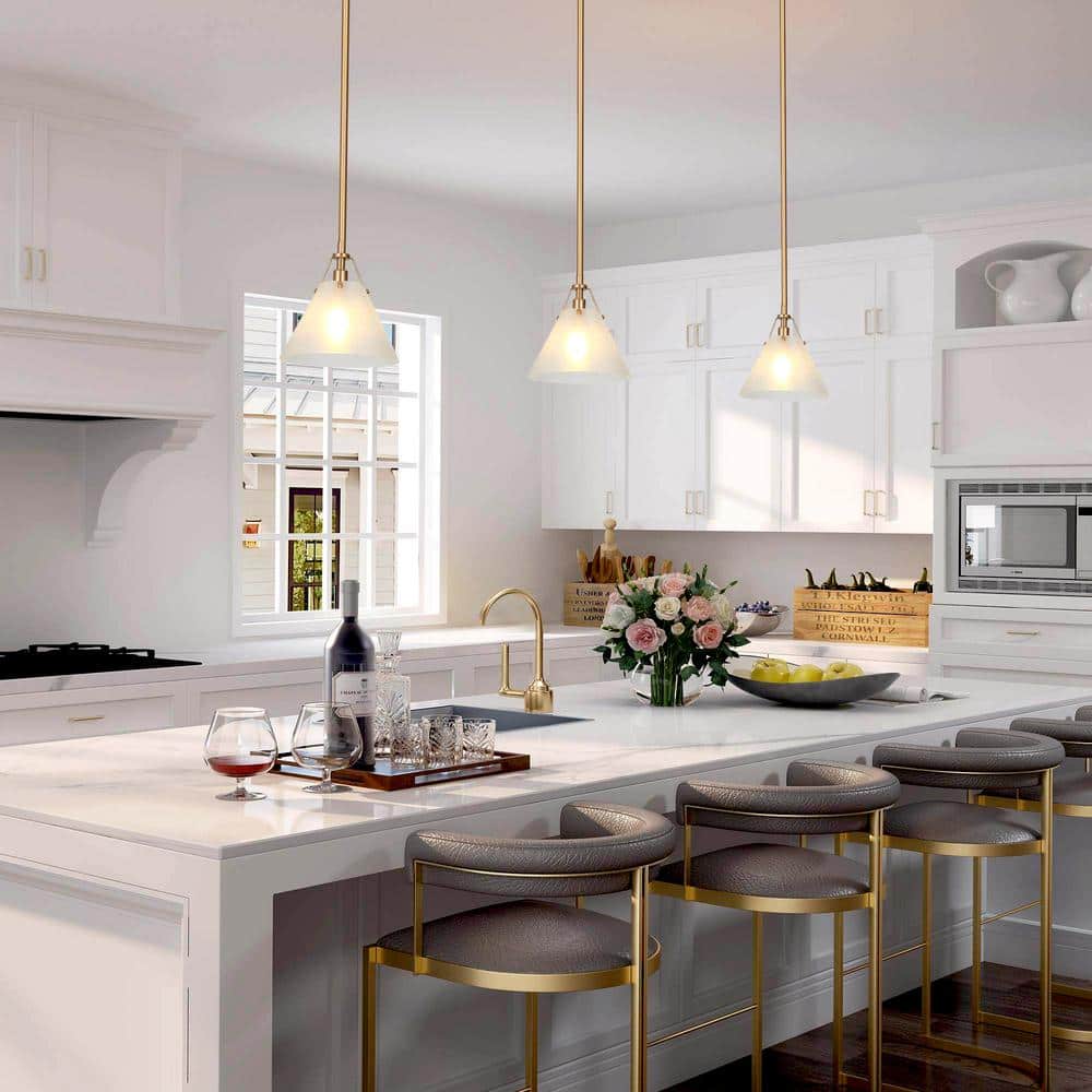 Brass and Gold Bell Pendant Light with Frosted Glass Shade