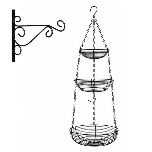 3-Tier 36 in. Wire Hanging Fruit Basket with Banana Hook and Installation Bracket for Kitchen