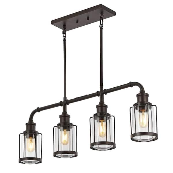 Abbott 34 in. 4-Light Oil Rubbed Bronze/Clear Farmhouse Industrial Iron/Glass Linear LED Lantern Pendant