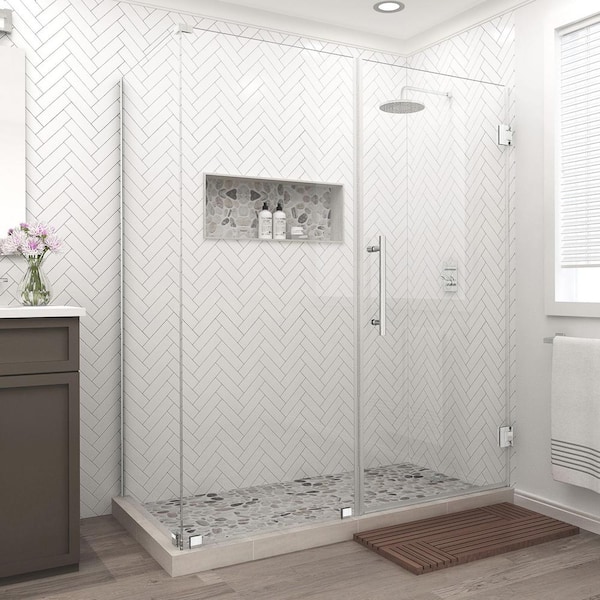 Aston Bromley 73.25 in. to 74.25 in. x 36.375 in. x 72 in. Frameless Corner Hinged Shower Enclosure in Stainless Steel