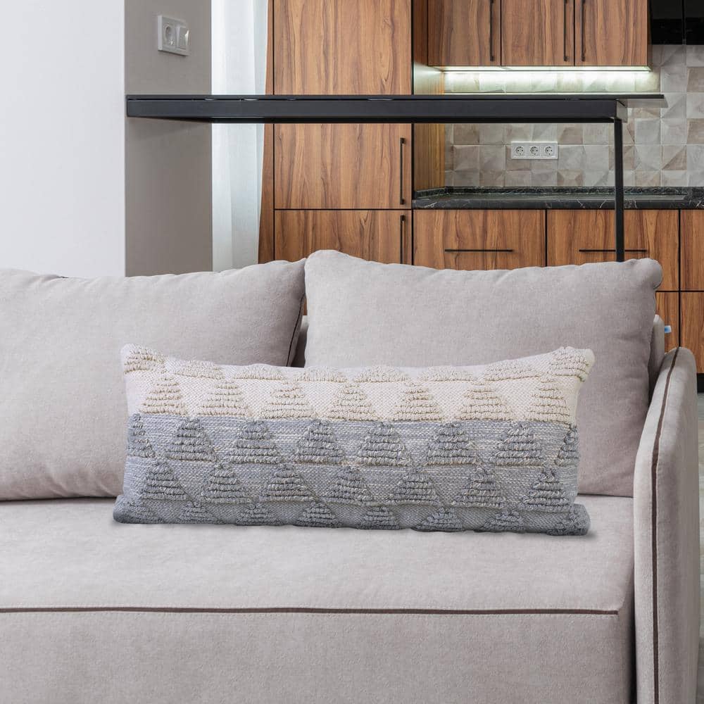 Heathered Gray and Off-White Geometric Cotton Lumbar Pillow
