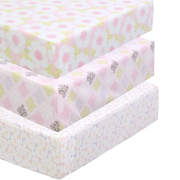 Cozy Line Home Fashions 3-Piece Pink Purple Cotton Poppy Floral Damask Giraffes Crib/Toddler Fitted Sheets