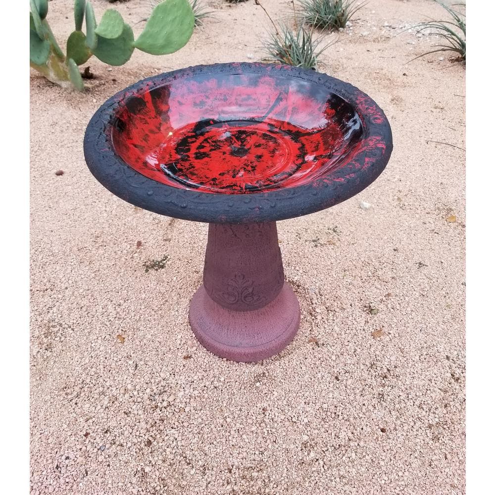 Marbleized Red Scroll Vine Clay Bird Bath with Stand