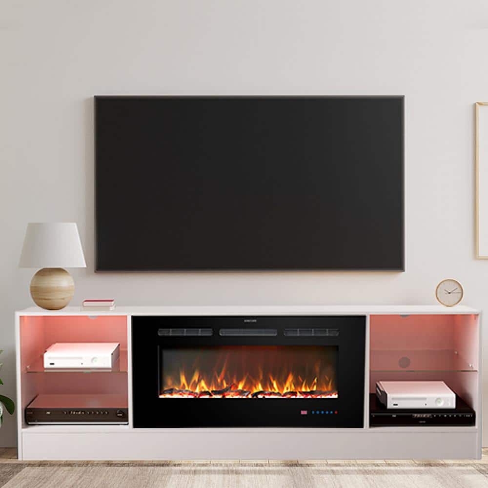 White Wooden 72" TV Stand with Electric Fireplace and LED Lights