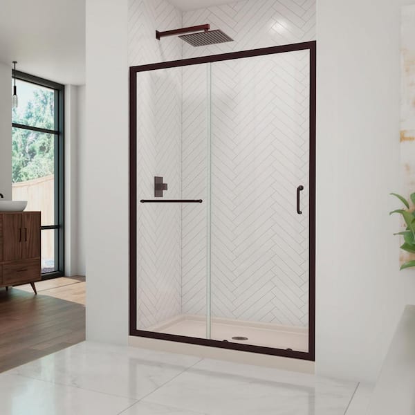 DreamLine Infinity-Z 36in. x 48in. Sliding Shower Kit Semi-Frameless Door Center Drain Base in Biscuit