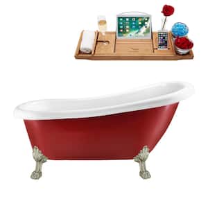 61 in. Acrylic Clawfoot Non-Whirlpool Bathtub in Glossy Red With Brushed Nickel Clawfeet And Brushed Gold Drain