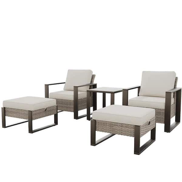 Brown 5-Piece Wicker Outdoor Patio Conversation Set Rectangular Frame w/ 4 in. Thick Beige Cushions and Table, Ottomans