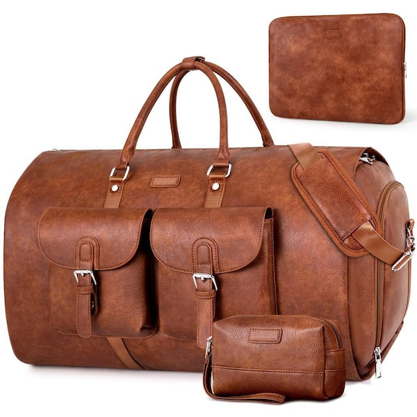 Numhew Brown Faux Leather Garment Bag for Travel, Convertible Carry on Garment Duffel Bag for Men, 2 in 1 Hanging Suitcase