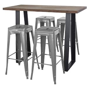51.25 in. Rectangle, Black Iron, Acacia Wood Top Pub Table with Gray Bar Stools (Seats 4)