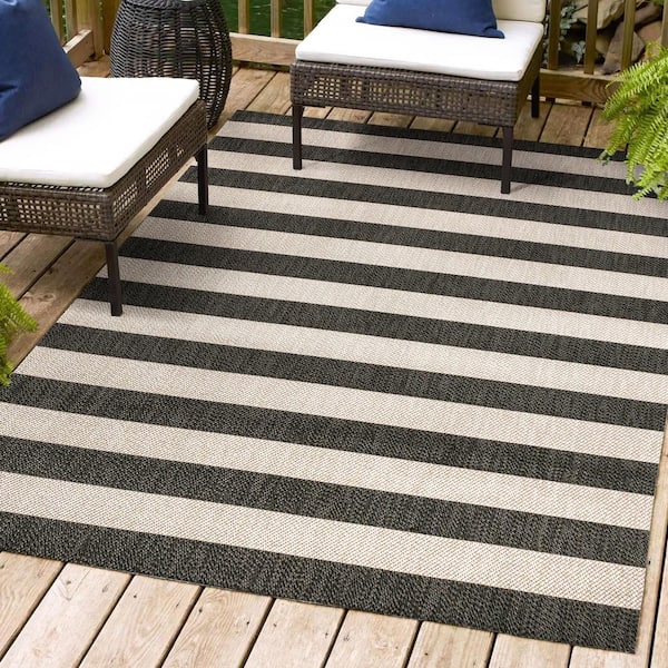 Negril 2-Tone Wide Stripe Black/Beige 5 ft. x 8 ft. Indoor/Outdoor Area Rug