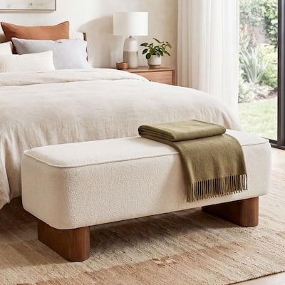 Unity Modern Beige Fabric Upholstered Accent Ottoman Bench with Solid Wood Legs