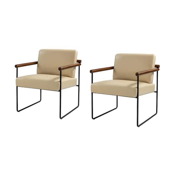 JAYDEN CREATION Juan Ivory Modern Leather Arm Chair with Metal Base and Solid Wood Arm and Back Set of 2