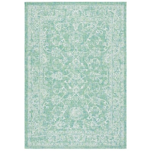 Courtyard Green/Ivory 2 ft. x 4 ft. Border Floral Scroll Indoor/Outdoor Area Rug