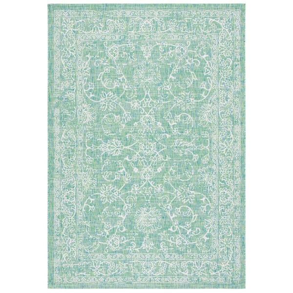 SAFAVIEH Courtyard Green/Ivory 2 ft. x 4 ft. Border Floral Scroll Indoor/Outdoor Area Rug