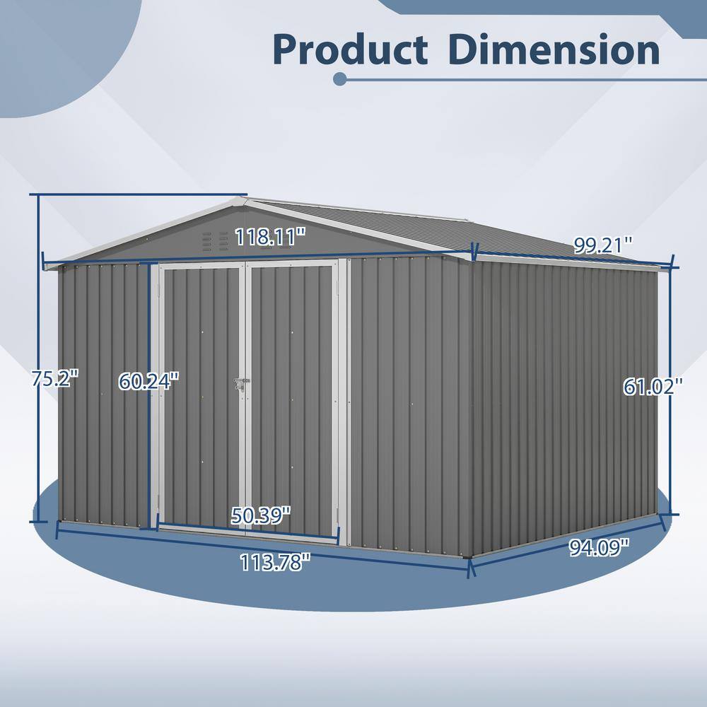 10' x 8' Gray Metal Double Door Storage Shed