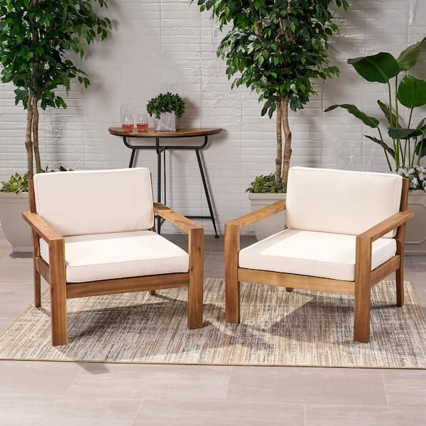 Noble House Santa Ana Teak Brown Removable Cushions Wood Outdoor Lounge Chair with Cream Cushions (2-Pack)