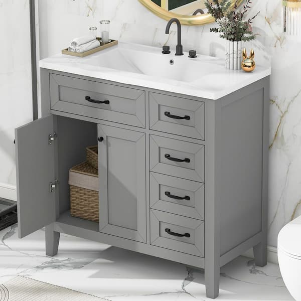36 in. Freestanding Gray Bath Vanity Cabinet Solid Frame Bathroom Cabinet with White Ceramic Basin Top and 3-Drawer