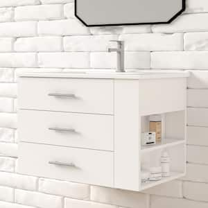 Rita 30.25 in. Single Sink Wallmount Bath Vanity with White Ceramic Countertop in Matte White with Right Side Shelf