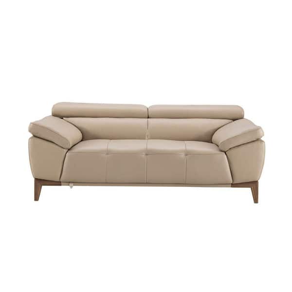 Benjara 71 in. Beige Solid Leather 2-Seater Loveseat with Sloped Cushioned Arms and Wooden Legs