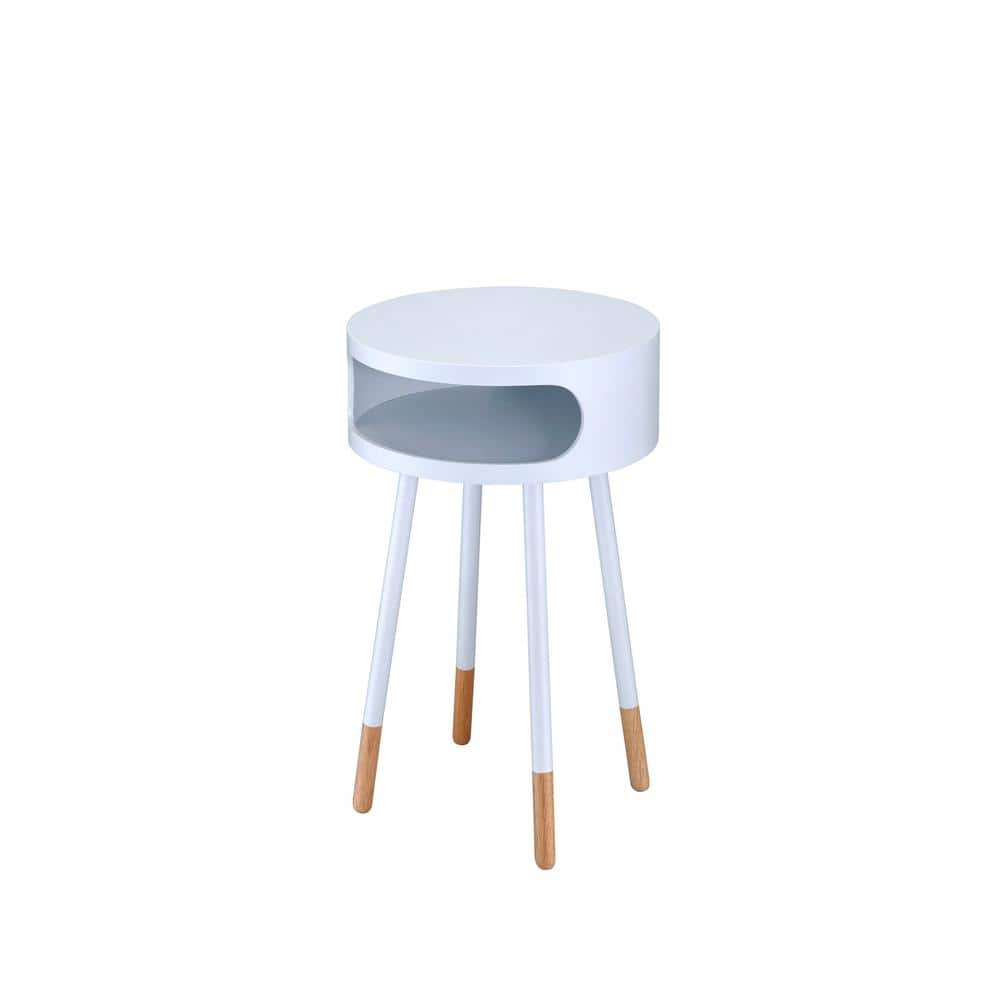 Sonria Round White and Natural Wood End Table with Metal Legs