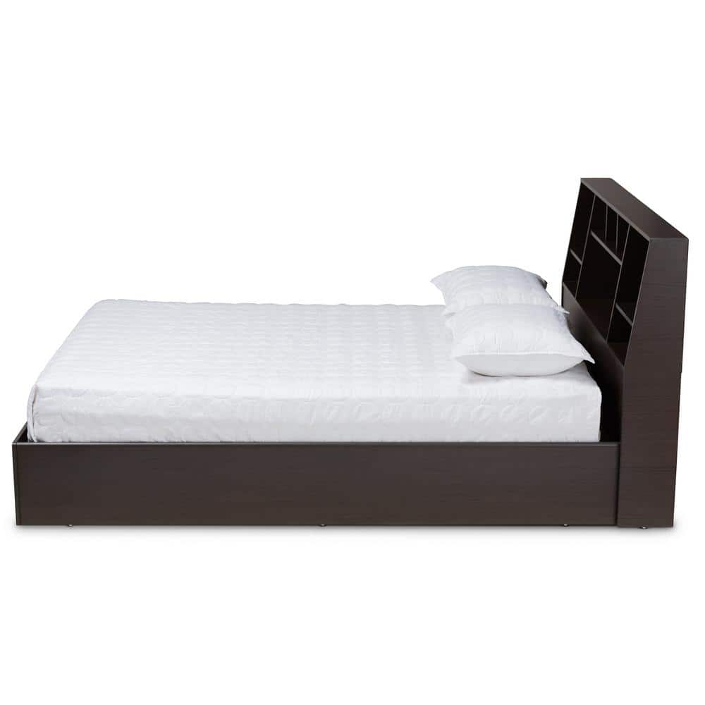 Ergonomic Queen Geoffrey Dark Brown Wood Storage Bed with Bookcase Headboard