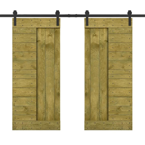 CALHOME 76 in. x 84 in. Jungle Green Stained DIY Knotty Pine Wood Interior Double Sliding Barn Door with Hardware Kit
