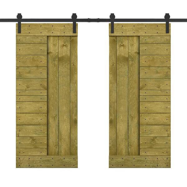 CALHOME 84 in. x 84 in. Jungle Green Stained DIY Knotty Pine Wood Interior Double Sliding Barn Door with Hardware Kit