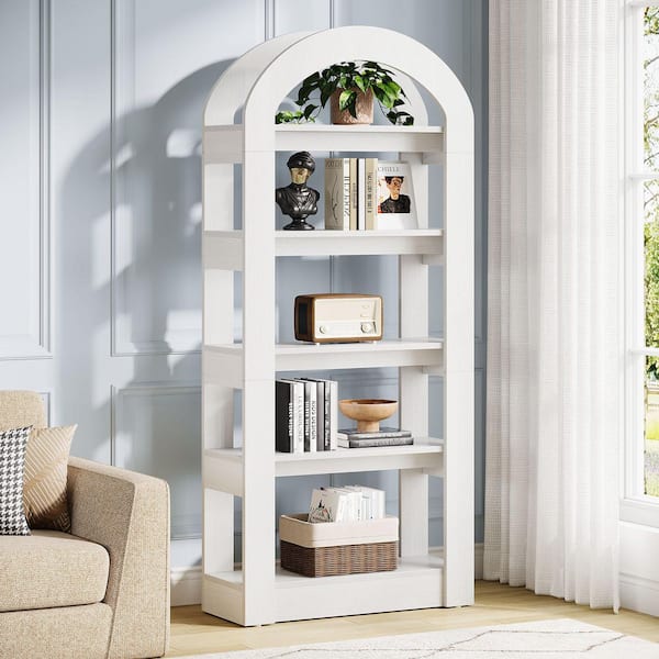 Eulas 70.8 in. Tall White Engineered Wood 5-Shelf Arched Bookcase Bookshelf for Home Office Living Room