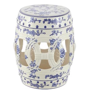 Lucky Coins 16 in. Chinese Ceramic Drum Garden Stool, Blue/White