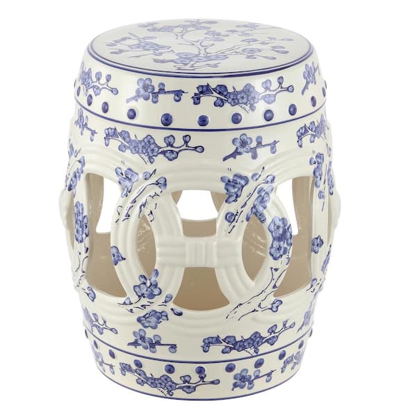 Lucky Coins 16 in. Chinese Ceramic Drum Garden Stool, Blue/White