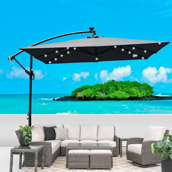 8 ft. x 8 ft. Square Steel Outdoor 8-Rib 8-Rib LED Market Patio Umbrella in Anthracite with Crank and Cross Base