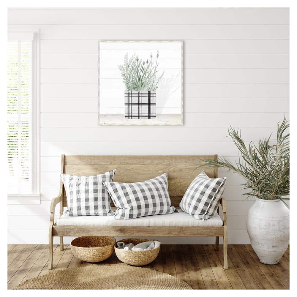 30" White and Green Lavender Blossom Canvas Wall Art in Beaded Frame