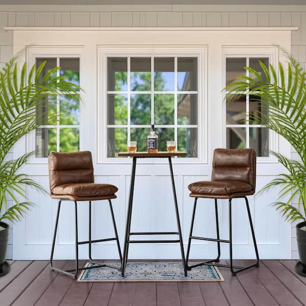 Glitzhome Pub Table Set - Modern Square Bar Table with Walnut Veneer Top and Brown Thick Leatherette Bar Stools (Set of 3 )