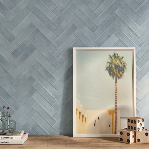 Tavira Aire Blue 2.95 in. x 11.81 in. Satin Ceramic Subway Tile Sample