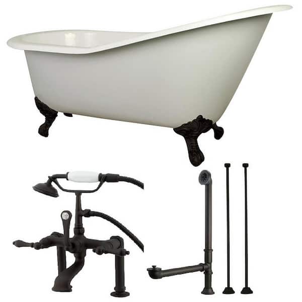 Aqua Eden Slipper 5 ft. Cast Iron Clawfoot Bathtub in White with Faucet Combo in Oil Rubbed Bronze