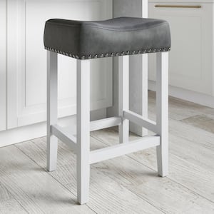 Hylie 24 in. Dark Gray Faux Leather Nailhead Saddle Cushion White Wood Counter Height Bar Stool