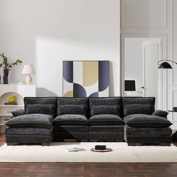 110 in. Square Arm Chenille U-Shaped Sofa with Waist Pillows in Black
